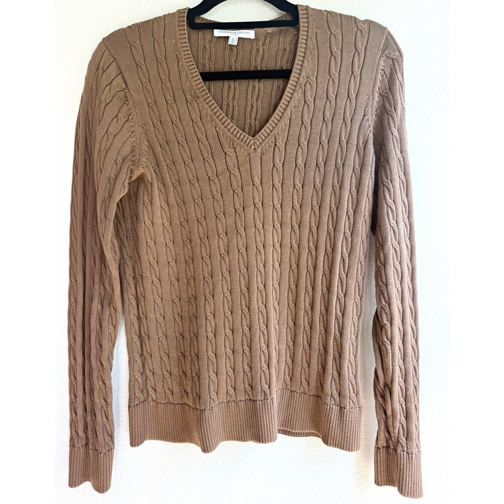 Fairway & Greene Brown Solid Cable-Knit V-Neck Cotton Pullover Sweater M